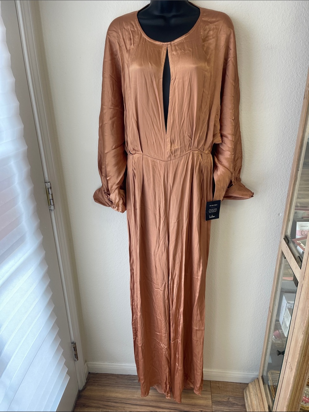 Lulu's Copper Satin Long-Sleeve Jumpsuit